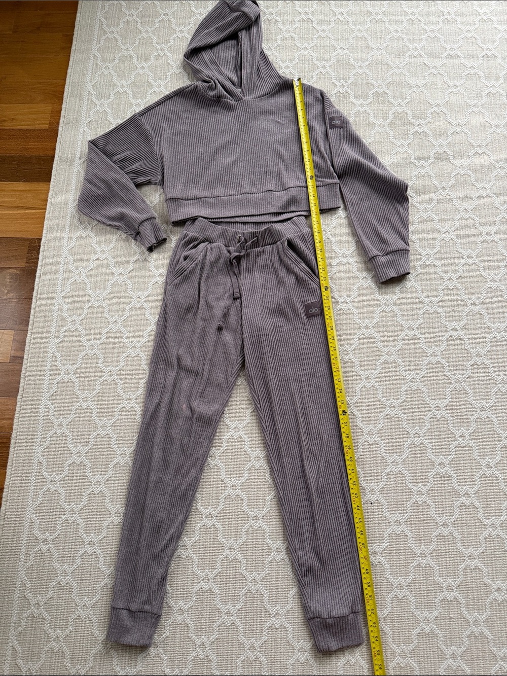ALO Yoga Ribbed Cropped Hoodie and Joggers Set - Taupe Gray